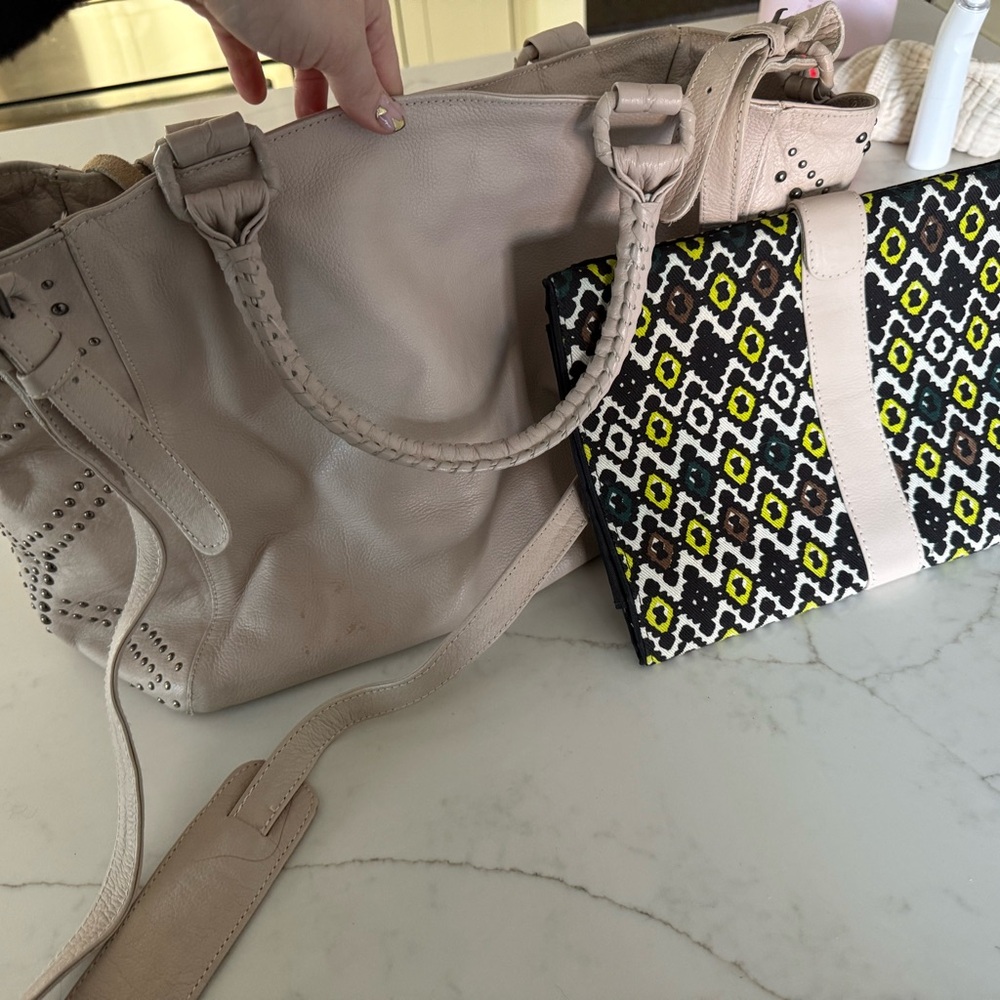 Chic Beige Studded Tote with Vibrant Patterned Clutch Diaper bag